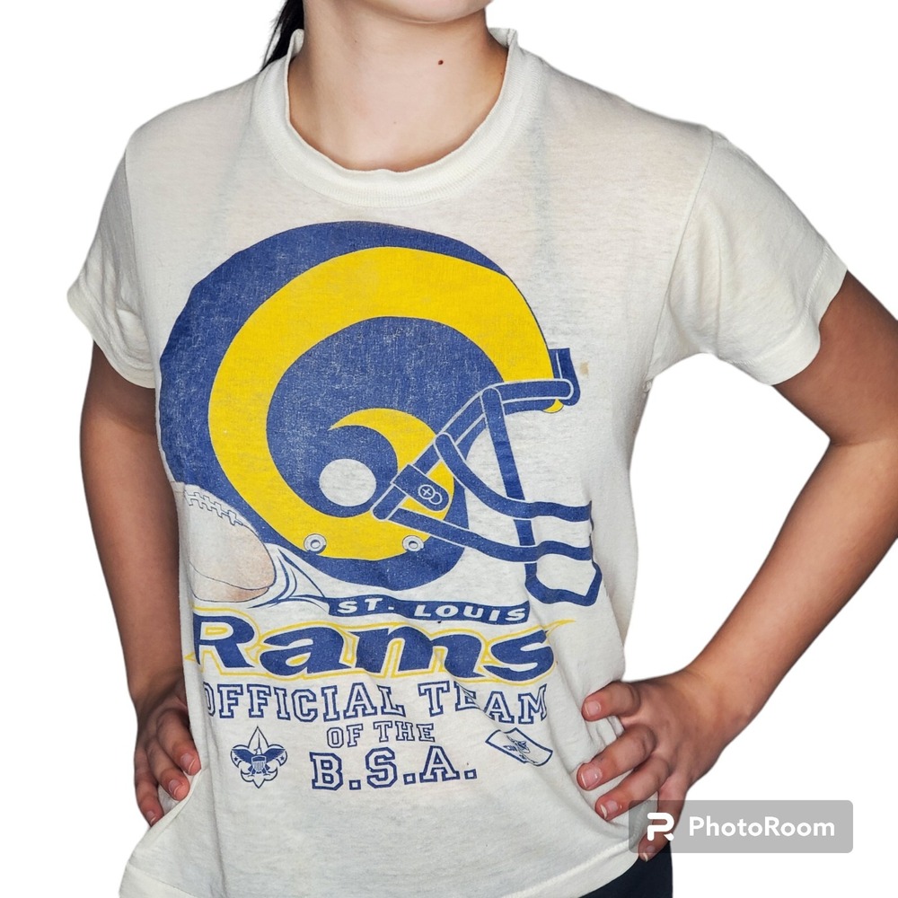 Vtg St. Louis Rams NFL Single Stitch Tshirt Boy Scouts Youth Women's Size Small‎